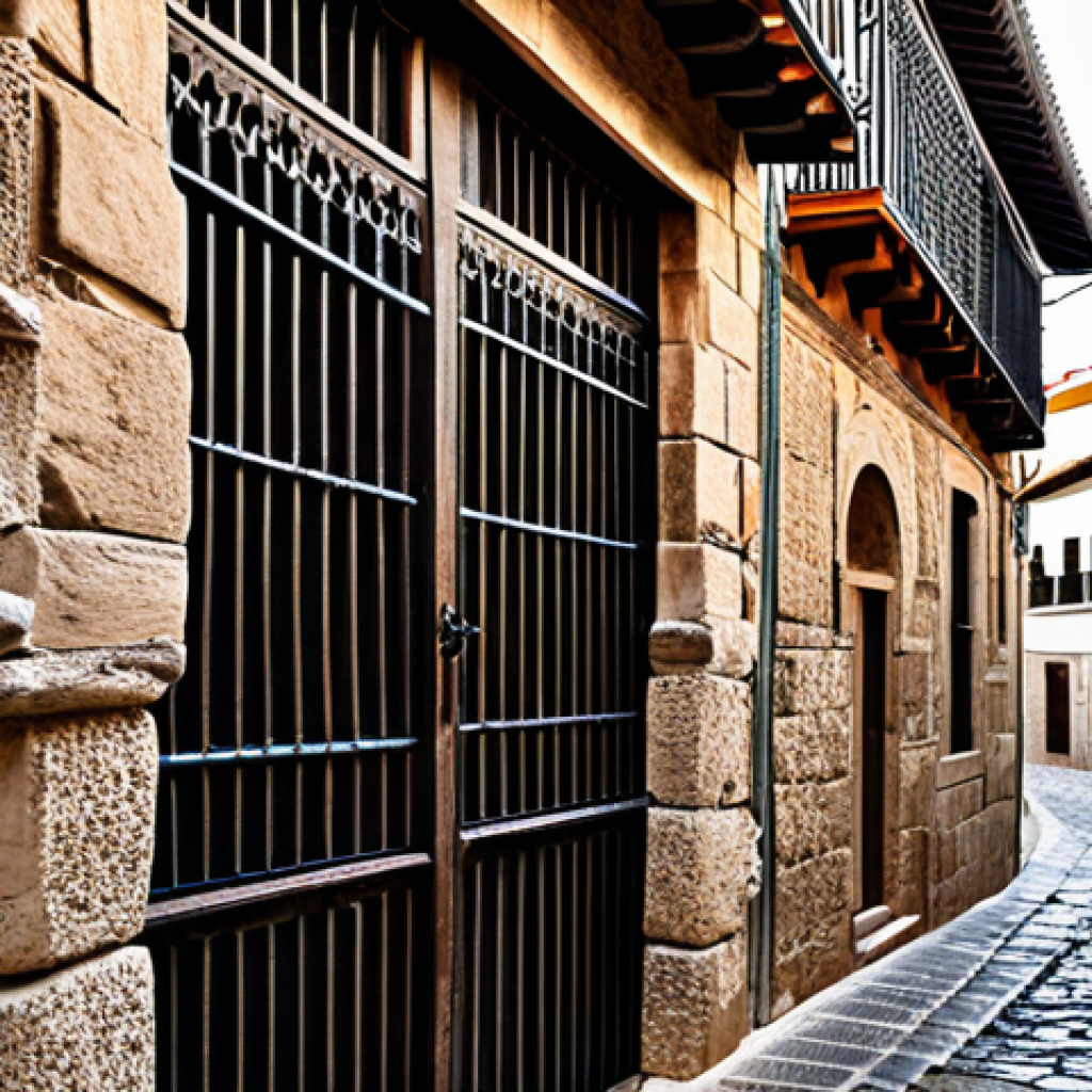 A professional architect in modest, contemporary business attire, thoughtfully observing the intricate stone facade of an ancient building on a narrow, sunlit cobblestone street in a historic Spanish village. The street is lined with traditional houses featuring aged wooden doors, small windows with ornate ironwork, and terracotta tiled roofs. The scene evokes a sense of timelessness and historical depth. Professional photography, high resolution, realistic, warm natural light, authentic textures, fully clothed, modest clothing, appropriate attire, safe for work, perfect anatomy, correct proportions, natural pose, well-formed hands, proper finger count, family-friendly.