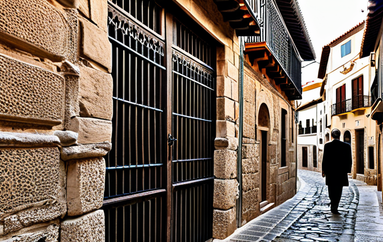 A professional architect in modest, contemporary business attire, thoughtfully observing the intricate stone facade of an ancient building on a narrow, sunlit cobblestone street in a historic Spanish village. The street is lined with traditional houses featuring aged wooden doors, small windows with ornate ironwork, and terracotta tiled roofs. The scene evokes a sense of timelessness and historical depth. Professional photography, high resolution, realistic, warm natural light, authentic textures, fully clothed, modest clothing, appropriate attire, safe for work, perfect anatomy, correct proportions, natural pose, well-formed hands, proper finger count, family-friendly.