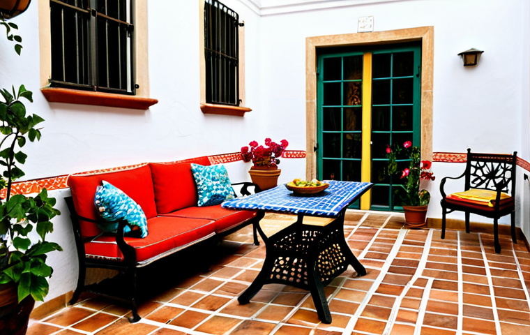 **

A sun-drenched patio in Seville, Spain. Terracotta tile flooring creates a warm, inviting space. Wrought-iron furniture with colorful cushions sits around a small, mosaic-tiled table. Potted geraniums and bougainvillea add vibrant splashes of color. Late afternoon light casts long shadows, highlighting the textures of the tile and the whitewashed walls in the background. Fully clothed people in casual, modest attire are enjoying tapas and conversation. Safe for work, appropriate content, family-friendly. Perfect anatomy, correct proportions, natural pose, well-formed hands, proper finger count, professional photography, high quality.

**