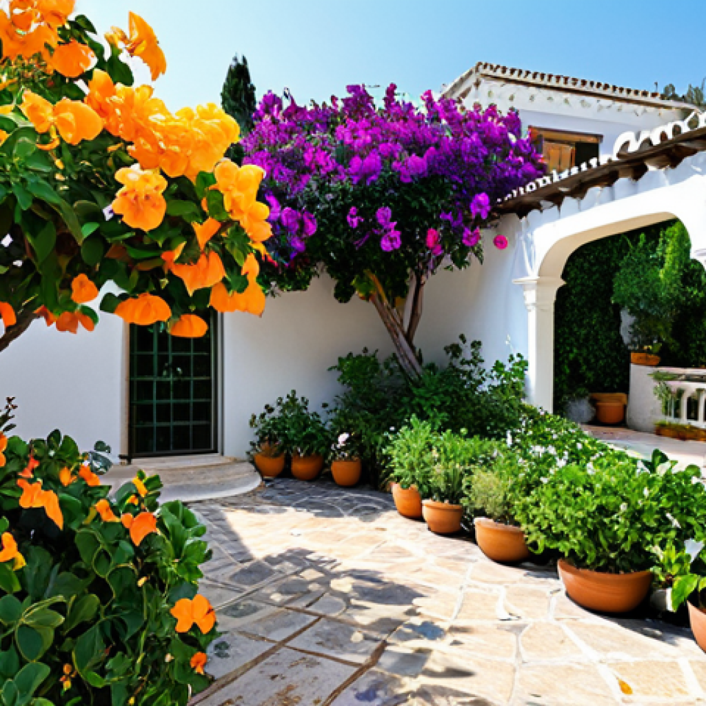 Mediterranean Garden Color Harmony**

"A vibrant Mediterranean garden showcasing a harmonious blend of colors. White walls adorned with cascading blue bougainvillea. Yellow and orange flowers add warmth. Lush green foliage provides a backdrop. Safe for work, appropriate content, fully clothed scene, perfect anatomy, natural proportions, professional garden photography, high quality, family-friendly."

**