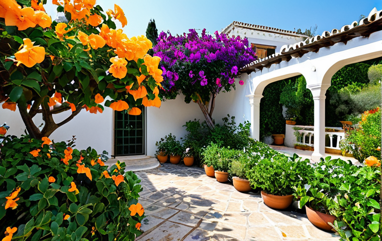 Mediterranean Garden Color Harmony**

"A vibrant Mediterranean garden showcasing a harmonious blend of colors. White walls adorned with cascading blue bougainvillea. Yellow and orange flowers add warmth. Lush green foliage provides a backdrop. Safe for work, appropriate content, fully clothed scene, perfect anatomy, natural proportions, professional garden photography, high quality, family-friendly."

**
