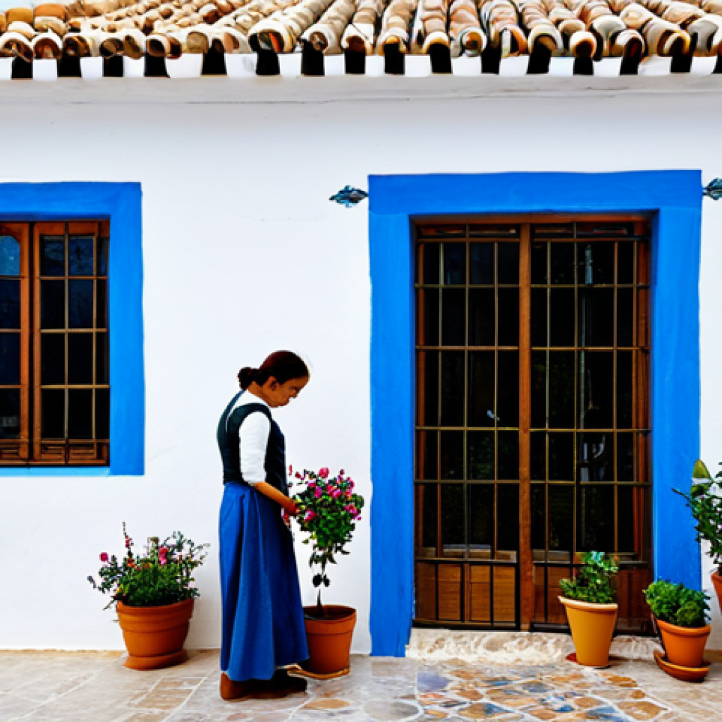 **

"Andalusian village house, whitewashed walls, flower-filled patio, terracotta tile roof, blue window frames, fully clothed woman tending to potted plants, bright sunny day, safe for work, appropriate content, perfect anatomy, natural proportions, professional photography, Andalusian architecture, modest clothing, family-friendly."

**