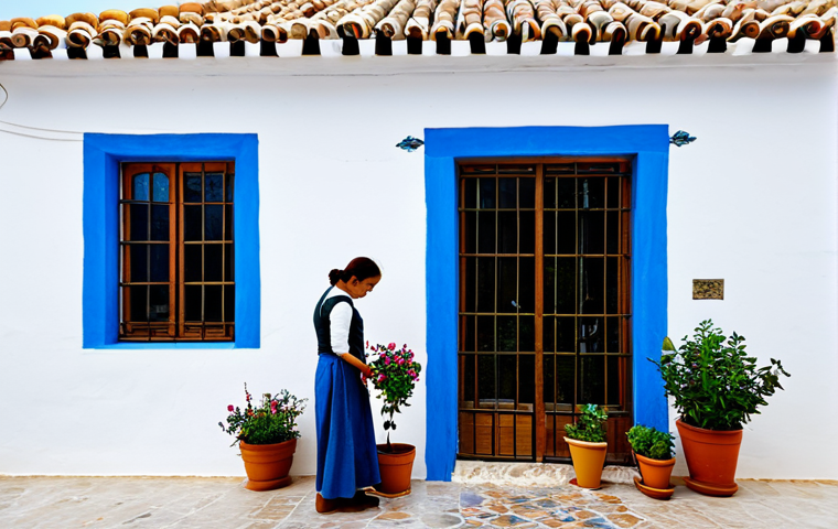 **

"Andalusian village house, whitewashed walls, flower-filled patio, terracotta tile roof, blue window frames, fully clothed woman tending to potted plants, bright sunny day, safe for work, appropriate content, perfect anatomy, natural proportions, professional photography, Andalusian architecture, modest clothing, family-friendly."

**