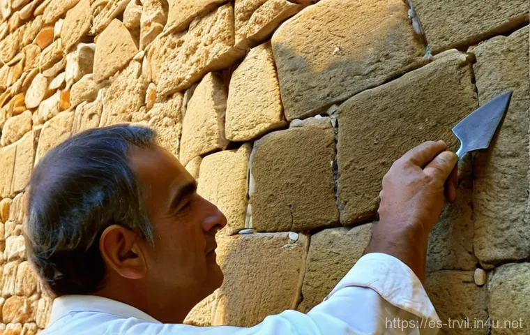전통주택의 보수 및 수리 기법 - **A master craftsman restoring a traditional Spanish stone wall:**
"Close-up of an experienced a...
