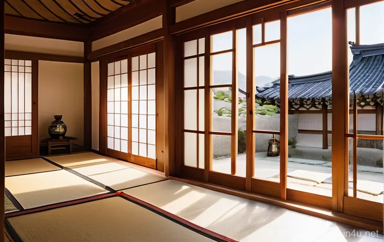 한옥과 현대 건축의 차이 - **A Traditional Hanok's Peaceful Interior:**
"A wide-angle, serene indoor shot of a traditional ...