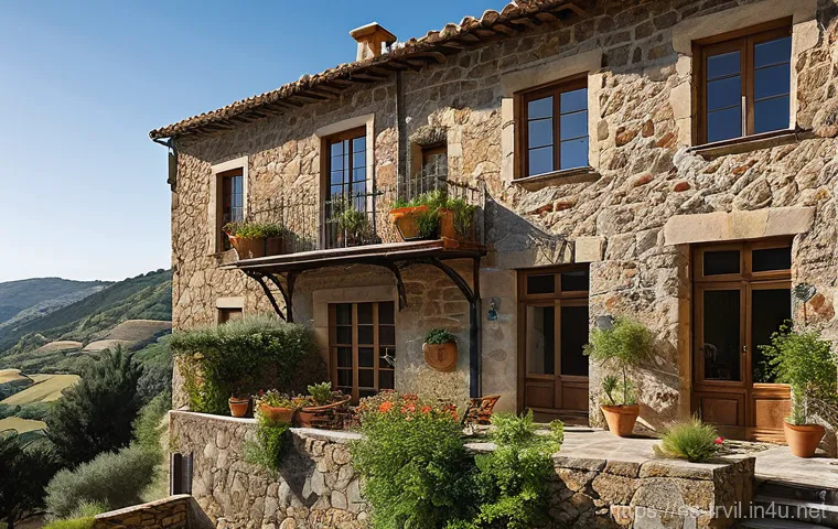 전통주택의 벽과 천장 - Prompt 1: Rustic Spanish Stone and Wood Farmhouse with Modern Comfort**