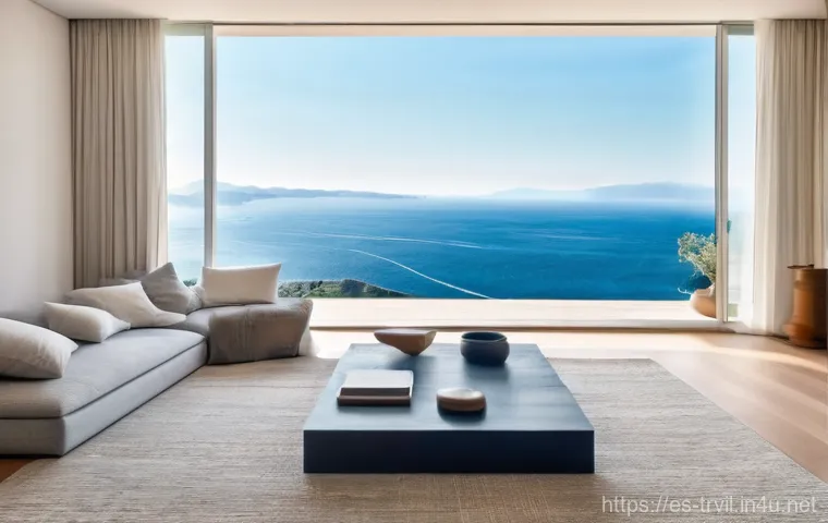 전통주택의 조망권 - **Prompt:** A tranquil and spacious modern living room bathed in soft morning light. A vast, floor-t...