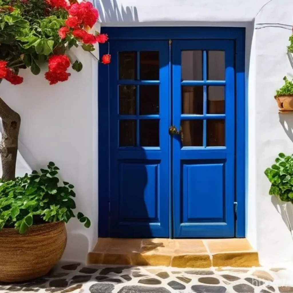 전통주택의 색상 조화 - **Prompt:** A picturesque, sun-drenched Andalusian village street, with buildings painted in pristin...