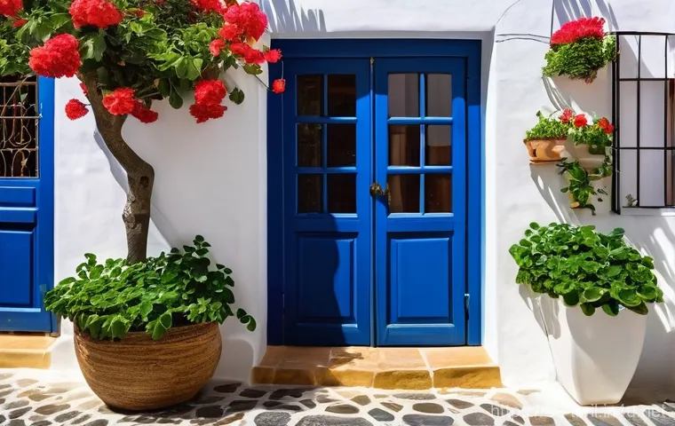 전통주택의 색상 조화 - **Prompt:** A picturesque, sun-drenched Andalusian village street, with buildings painted in pristin...