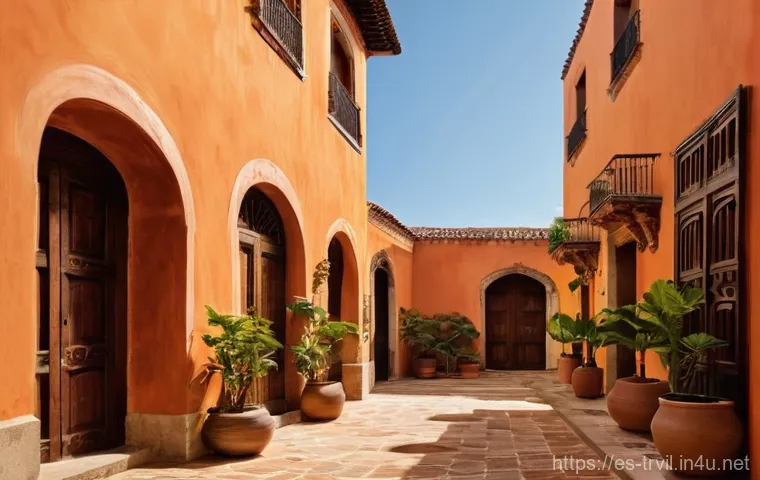 전통주택의 색상 조화 - **Prompt:** A picturesque, sun-drenched Andalusian village street, with buildings painted in pristin...