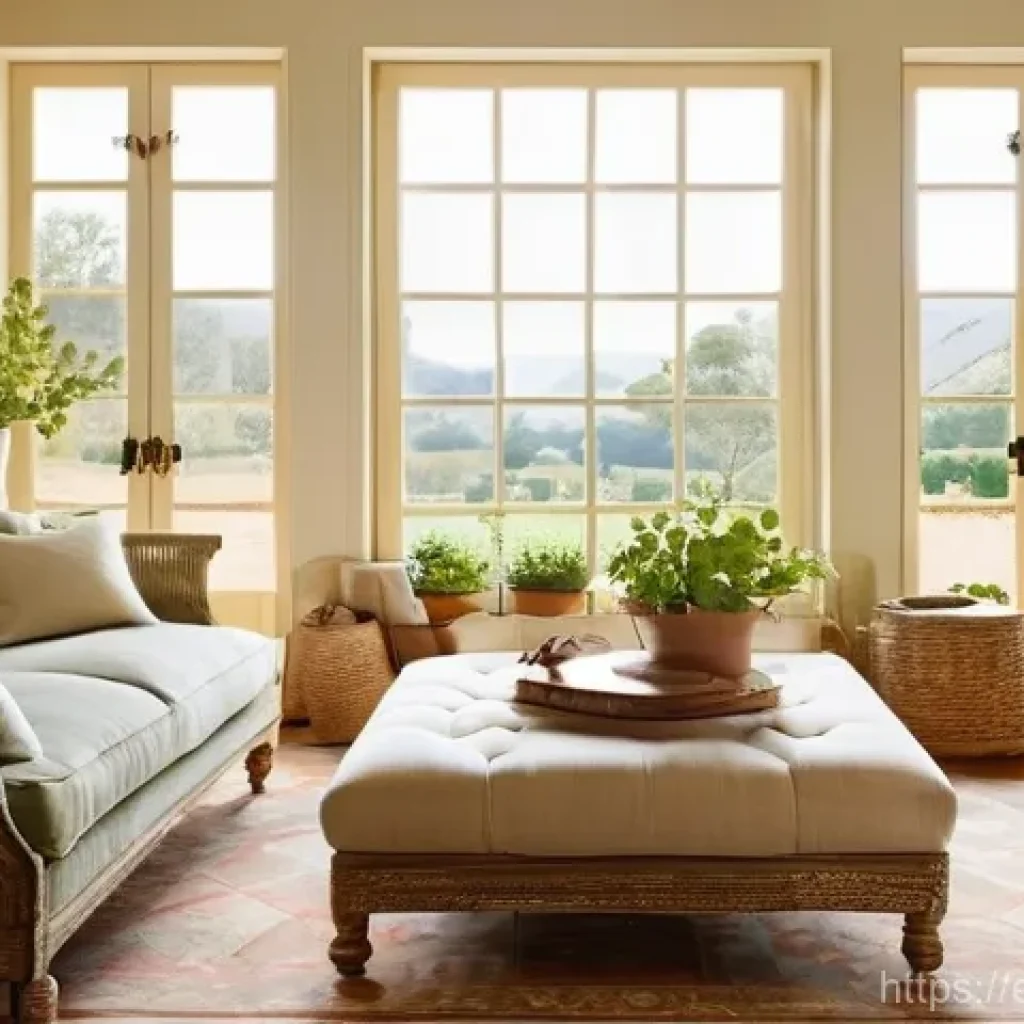 전통주택의 실내 조명 디자인 - **Prompt:** A sun-drenched, inviting living room inside a traditional Spanish farmhouse. Large, open...