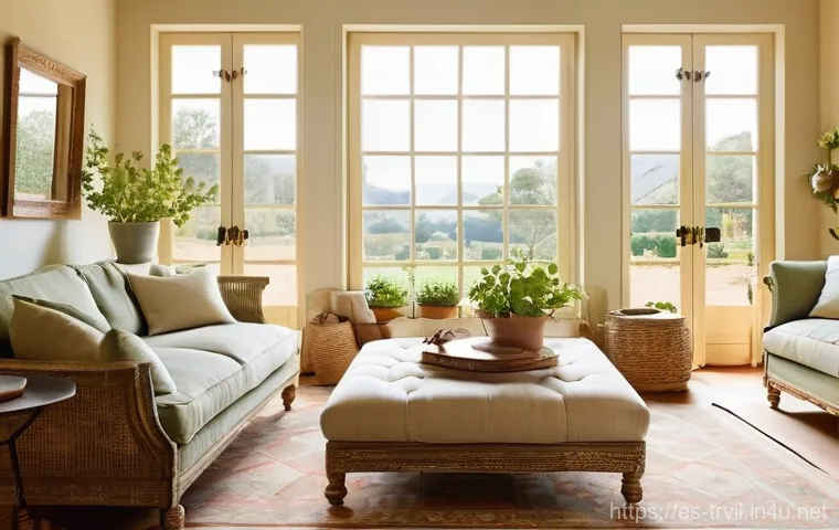 전통주택의 실내 조명 디자인 - **Prompt:** A sun-drenched, inviting living room inside a traditional Spanish farmhouse. Large, open...