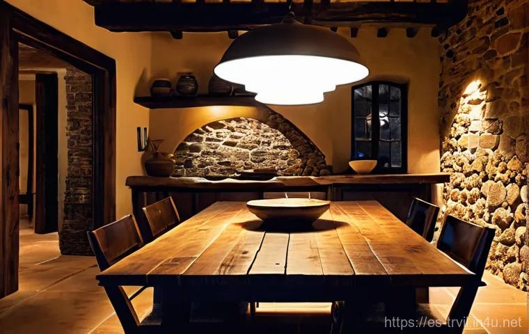 전통주택의 실내 조명 디자인 - **Prompt:** A sun-drenched, inviting living room inside a traditional Spanish farmhouse. Large, open...