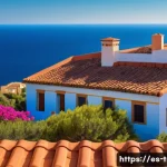 한옥의 기와 종류 - A traditional Mediterranean-style house rooftop featuring curved terracotta clay tiles with warm red...