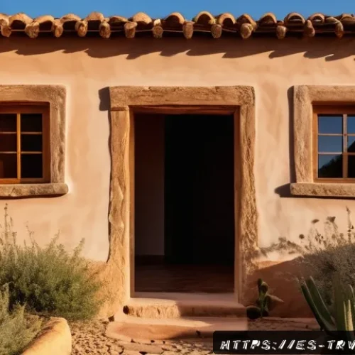 전통주택의 재료 선정 - A traditional adobe house set in a warm, dry Spanish countryside landscape during golden hour, showc...