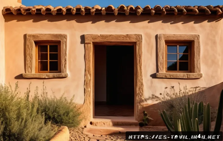 전통주택의 재료 선정 - A traditional adobe house set in a warm, dry Spanish countryside landscape during golden hour, showc...