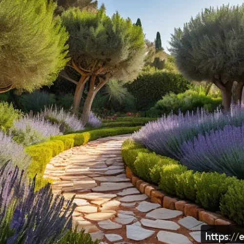 전통주택에서의 식물 활용 - A vibrant Mediterranean garden scene featuring native plants such as rosemary bushes and lavender fl...