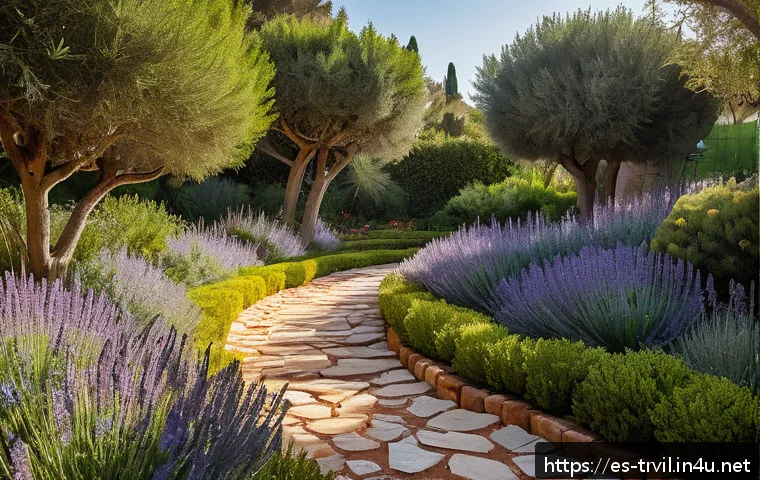 전통주택에서의 식물 활용 - A vibrant Mediterranean garden scene featuring native plants such as rosemary bushes and lavender fl...