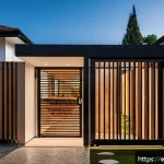 전통주택의 대문 디자인 - A modern residential gate combining natural wood panels with sleek black matte metal frames, designe...