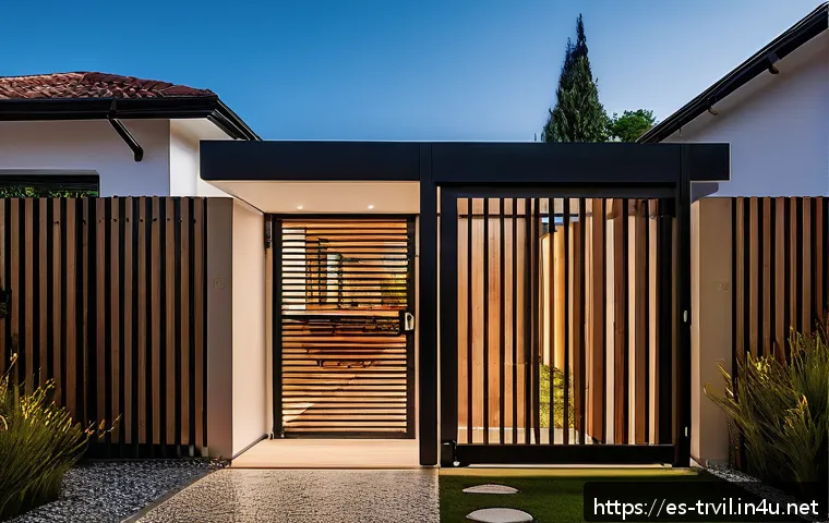 전통주택의 대문 디자인 - A modern residential gate combining natural wood panels with sleek black matte metal frames, designe...