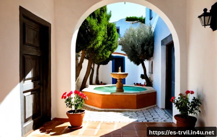 전통주택의 공간 디자인 - Photorealistic interior of a traditional Spanish courtyard house, whitewashed stucco walls, terracot...
