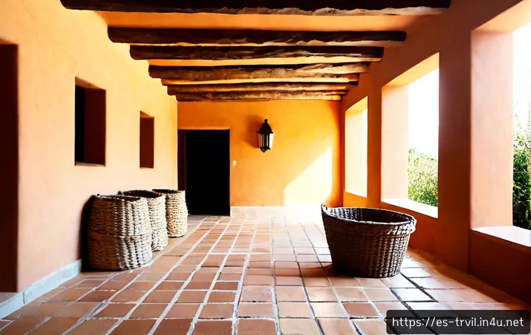 한옥 보수 자재 - Photorealistic restoration materials for a traditional Spanish courtyard house, neatly arranged recl...