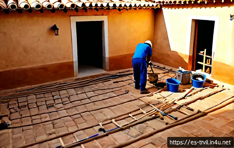 전통주택 보수 공사 비용 - Photorealistic exterior renovation of a traditional Spanish adobe courtyard house, skilled workers i...