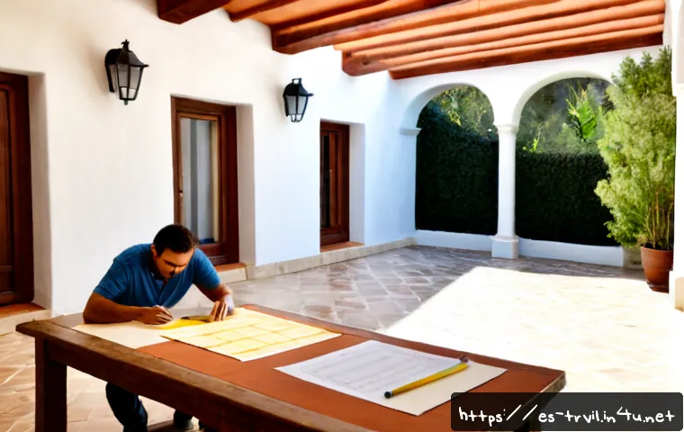 전통주택 설계 단계 - Photorealistic architectural design stage for a traditional Spanish courtyard house, an architect an...