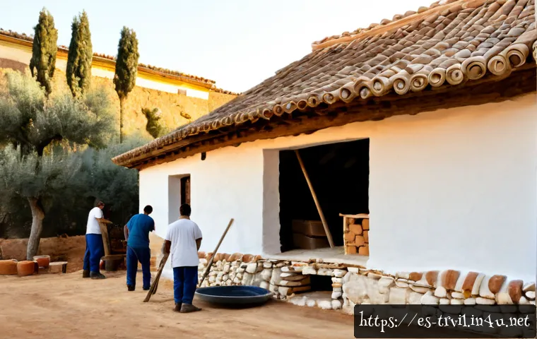 Home 17 전통주택의 보강 및 강화 - Photorealistic restoration scene of a traditional Spanish adobe farmhouse being structurally reinfor...